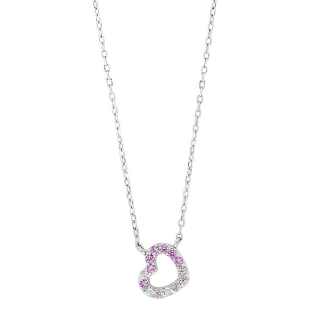 Noa Kids halskæde fra Nordahl Andersen i sølv med hjertevedhæng med lyserøde, pink og hvide zirkonia, 38+3 cm.